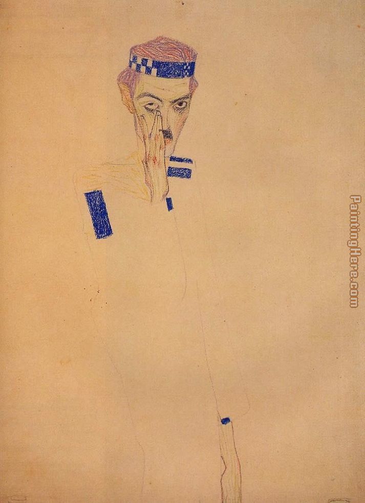Egon Schiele Man with Blue Headband and Hand on Cheek